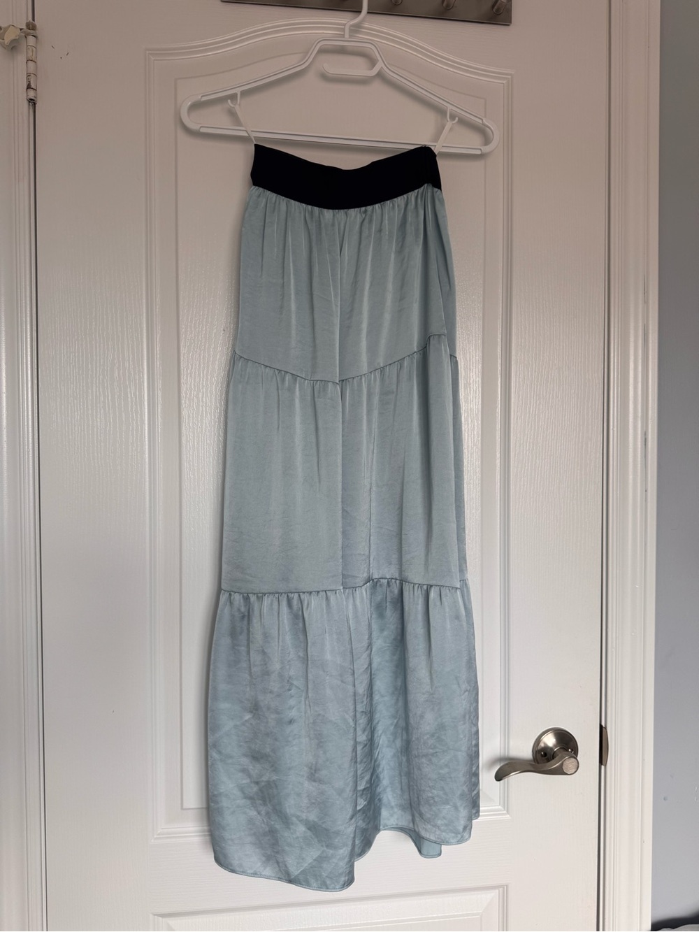 Aritzia - Little Moon Light Blue Tiered Maxi Skirt with navy blue Waistband
